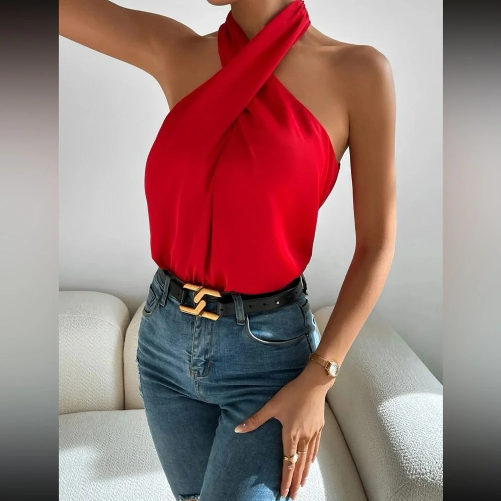 Luxe red twist front halter top